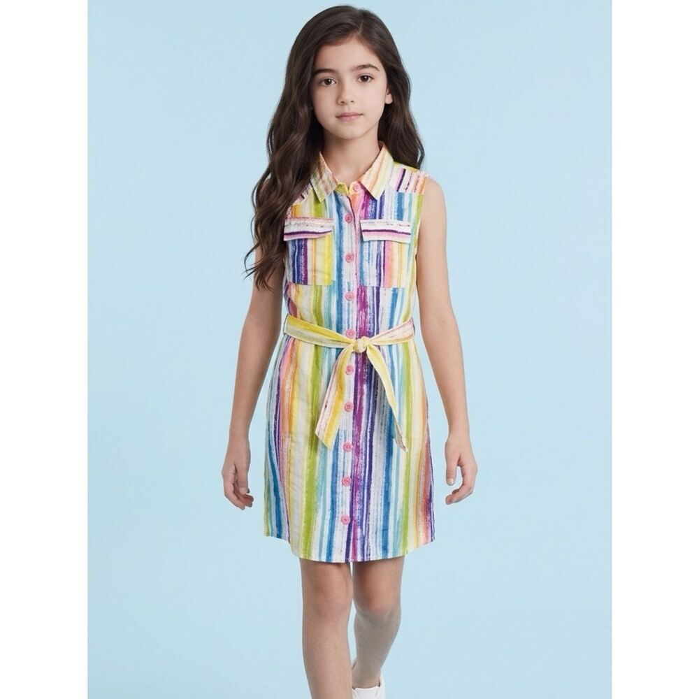 NWOT Girls Youth Multi Color Stripe Button Down Knee Length Dress - Size 7/8